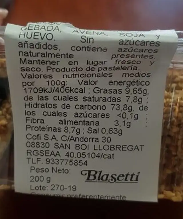 Coques de sèsam nutrition facts table