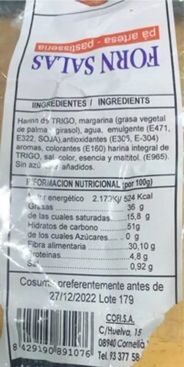 Palmeretes sense sucre nutrition facts table