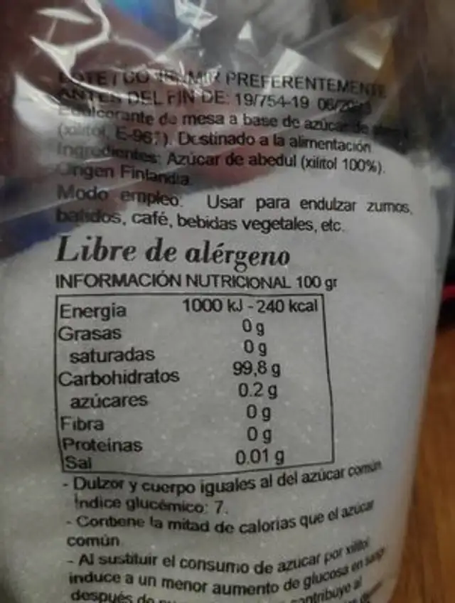 Azúcar de abedul nutrition facts table