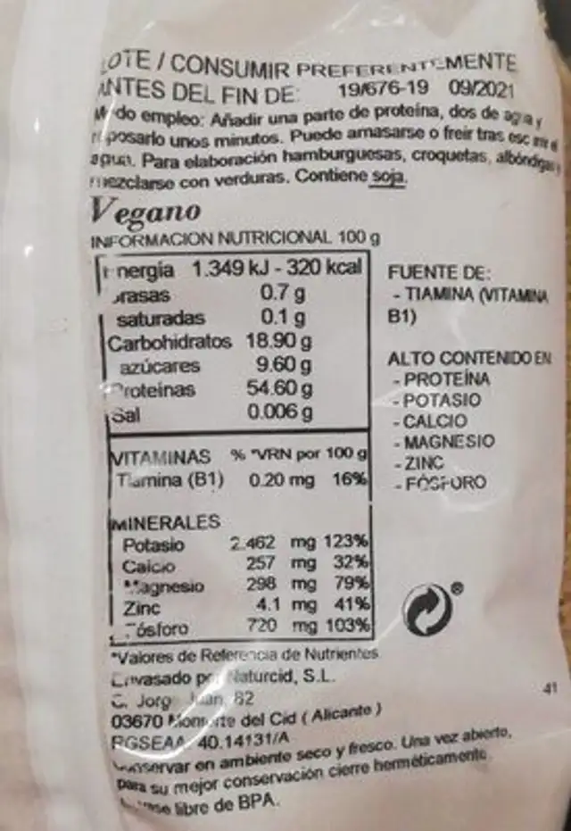 Proteína texturizado fina de soja nutrition facts table