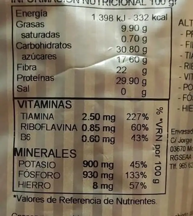Germen de trigo nutrition facts table