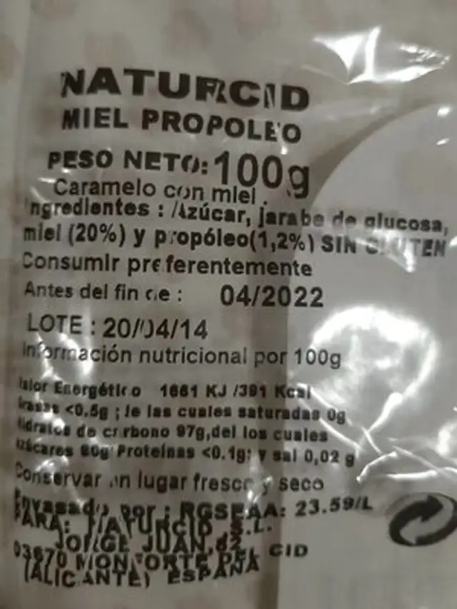 Caramelos miel-propoleo nutrition facts table