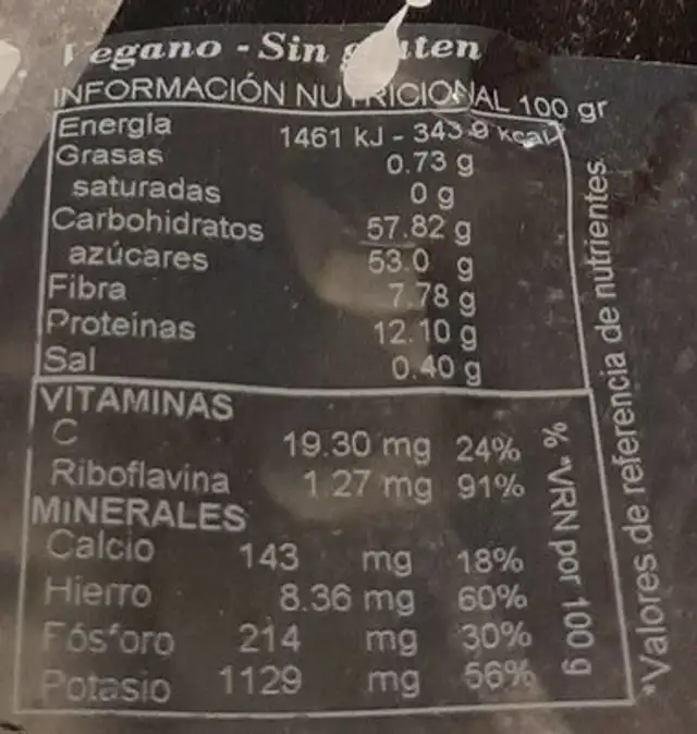 Bayas de Goji nutrition facts table