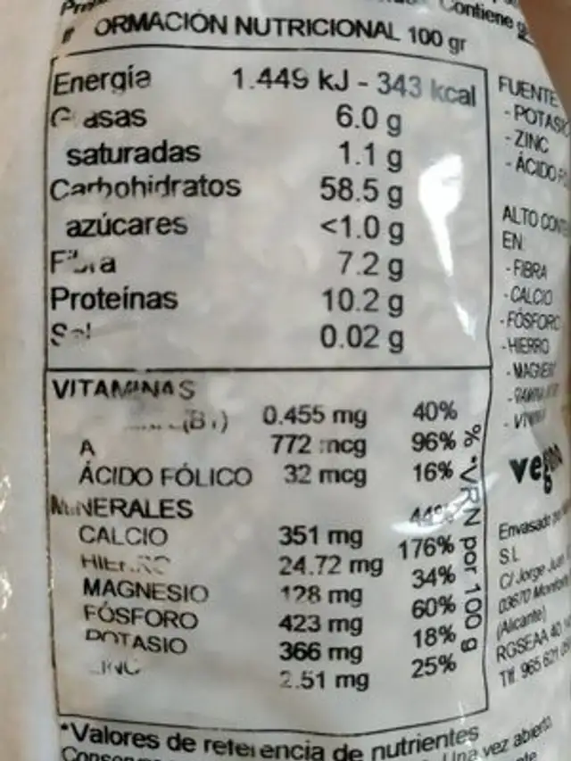 Avena Integral copo fino nutrition facts table