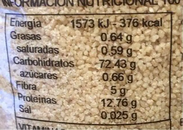 Cous cous integral nutrition facts table