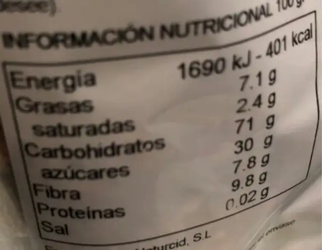 Espelta chocolate eco nutrition facts table