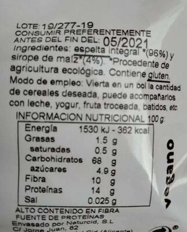 ESPELTA FLAKES SIN SAL nutrition facts table