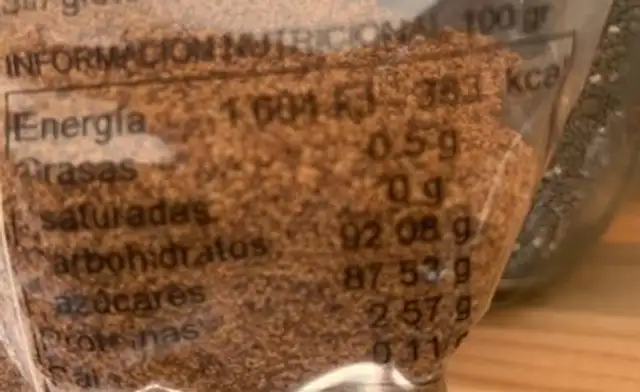 Azucar coco integral nutrition facts table