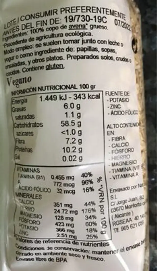 Avena Integral nutrition facts table