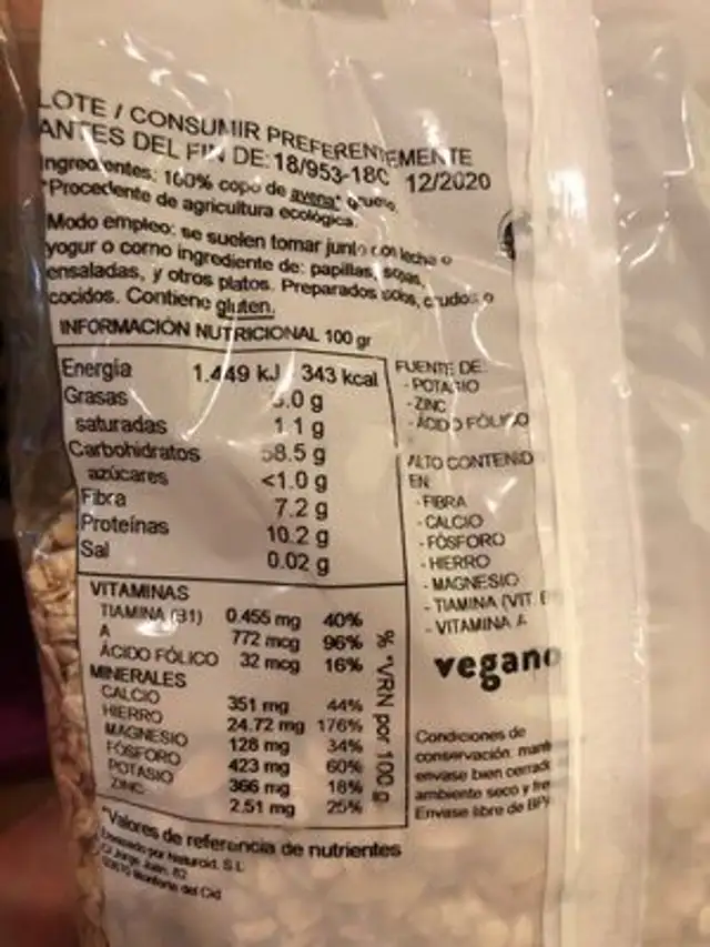 Avena integral copo grueso ingredients label