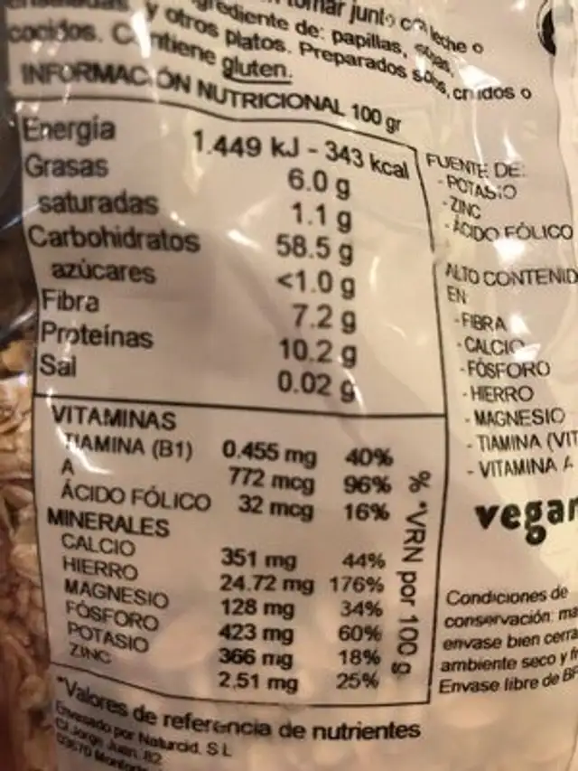 Avena integral copo grueso nutrition facts table