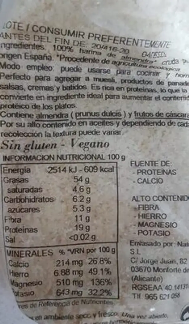 Harina de almendra eco nutrition facts table