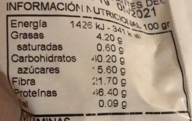 Levadura nutricional inactiva nutrition facts table