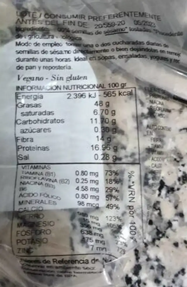 Sesamo nutrition facts table