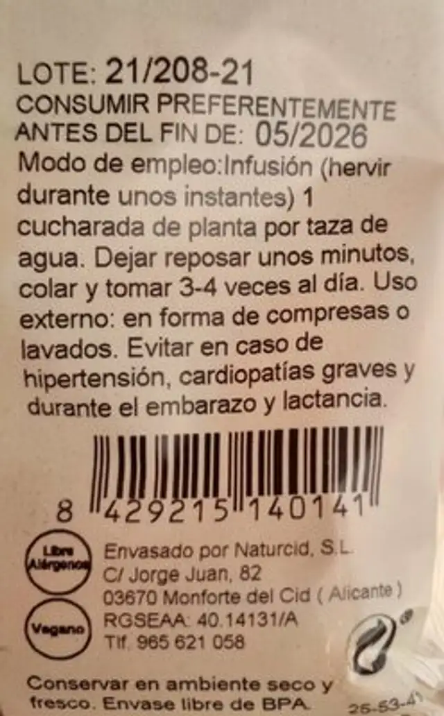 COLA CABALLO nutrition facts table