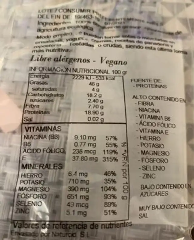 Pipas girasol bio nutrition facts table