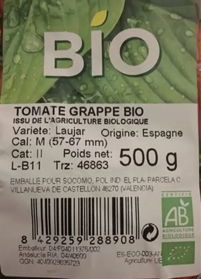 Tomate grappe Bio ingredients label