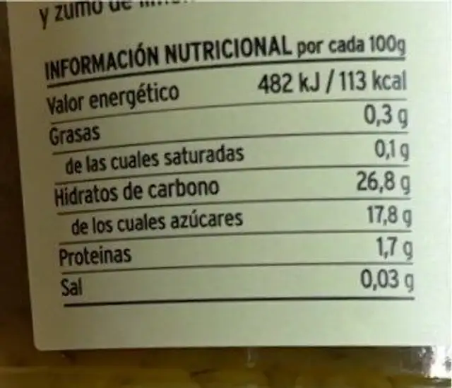 Mermelada pimiento verde nutrition facts table