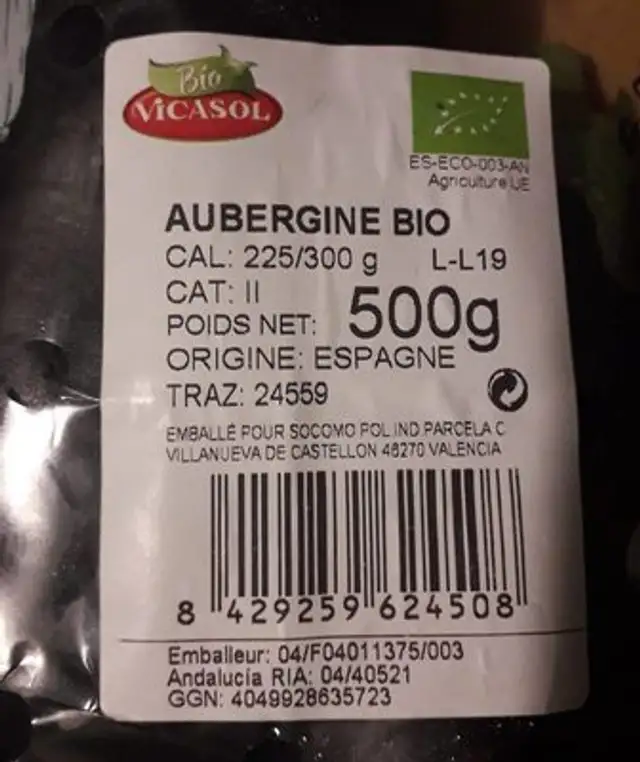 Aubergine bio ingredients label