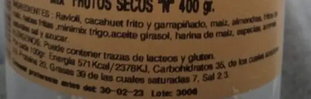 Revuelto frutos secos ingredients label