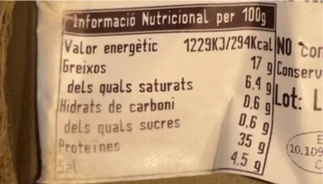 Cap de Llom nutrition facts table