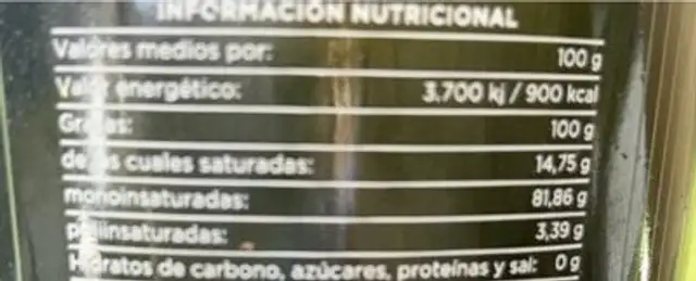 Aceite de oliva virgen extra ecologico nutrition facts table