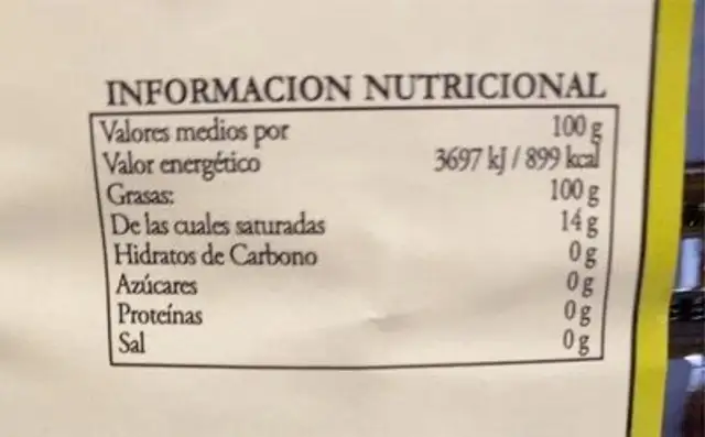 Aceite de oliva nutrition facts table