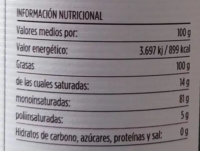 Aceite acebuche nutrition facts table