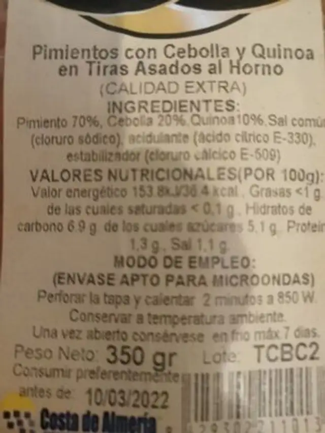 Pimientos con cebolla y quinoa nutrition facts table