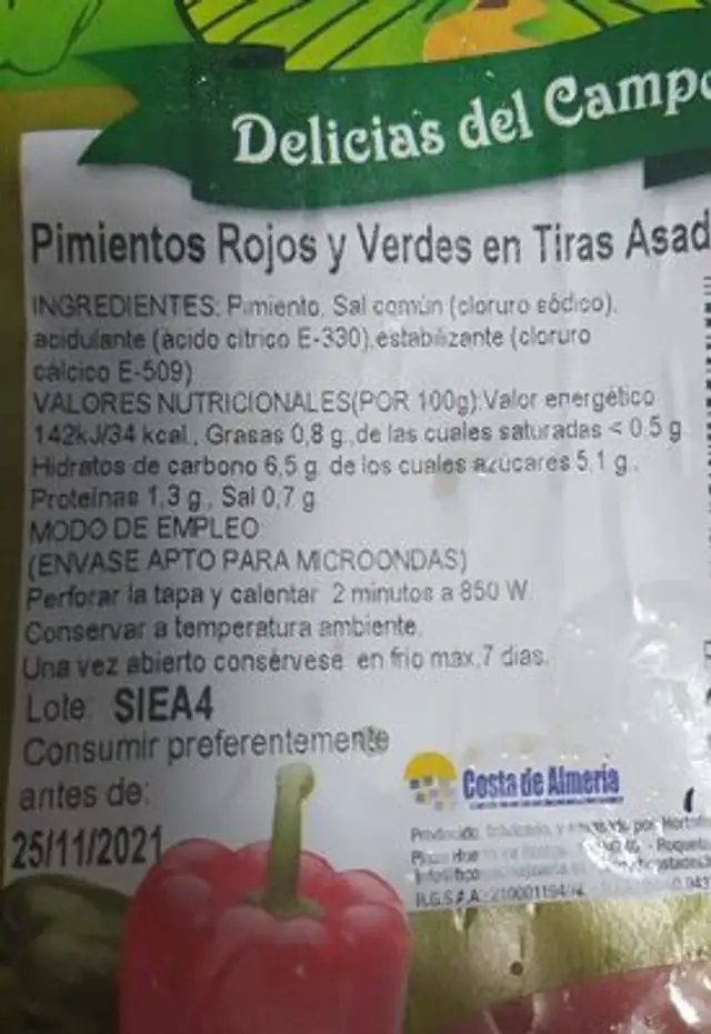 Pimientos rojos y verdes en tiras asadas al horno ingredients label