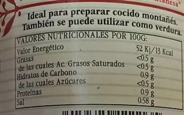Berza cantabra nutrition facts table