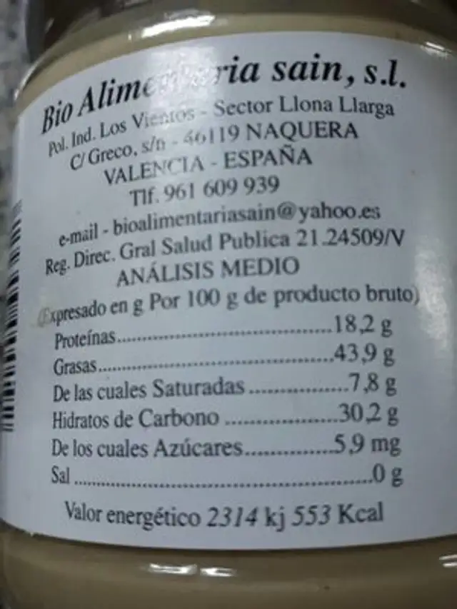 Puré de anacardo nutrition facts table