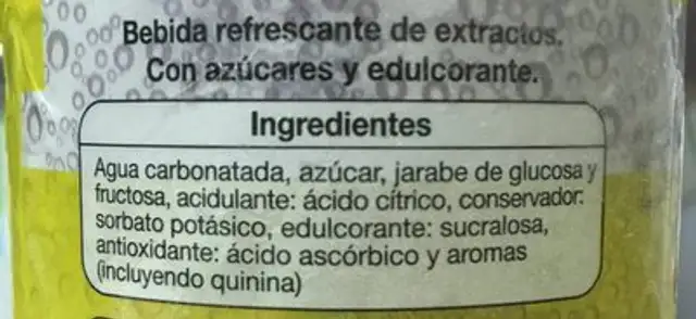 Tónica ingredients label