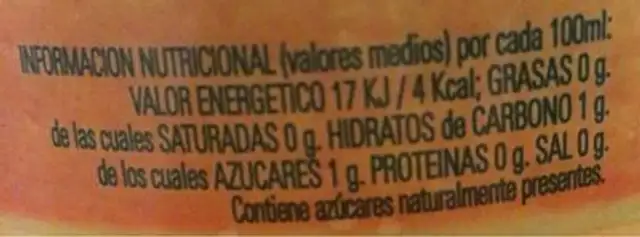 Naranjada nutrition facts table