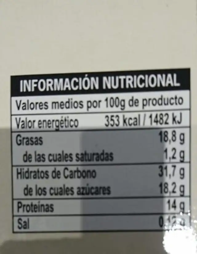 TEJAS DE ALMENDRA nutrition facts table