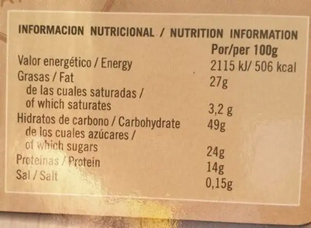 Tejas de almendra de Tolosa nutrition facts table