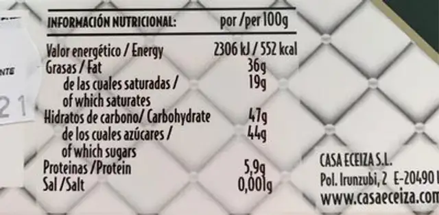 Chocolate y almendras caramelizsdas nutrition facts table