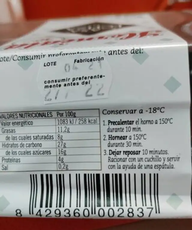 Torrija caramelizada de brioche nutrition facts table