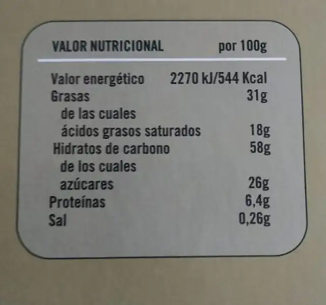 Chocolate negro & naranja nutrition facts table