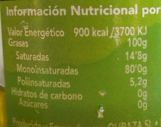 Oli Verge Extra 250 CC Vidre Olibaza nutrition facts table