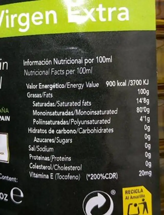 Aceite nutrition facts table