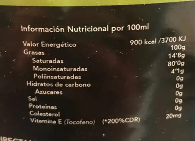 Aceite de Oliva Virgen Extra nutrition facts table