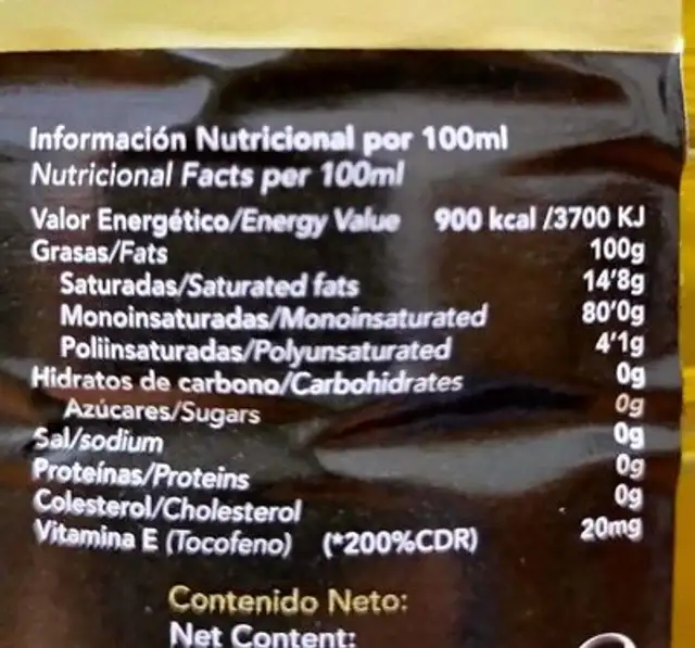 Aceite de Oliva Virgen Extra nutrition facts table
