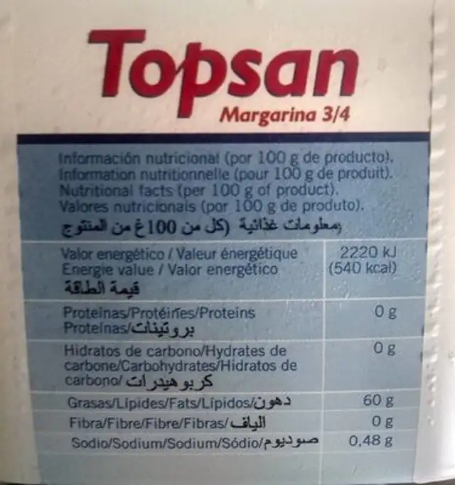 Topsan margarina 3/4 nutrition facts table