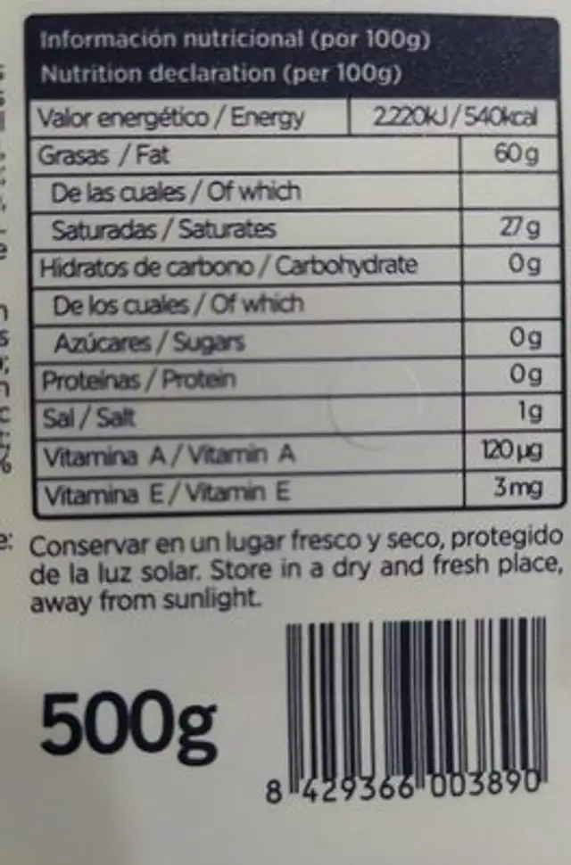 Mantequilla nutrition facts table