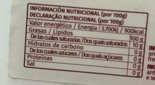 Azahar equilibrio nutrition facts table