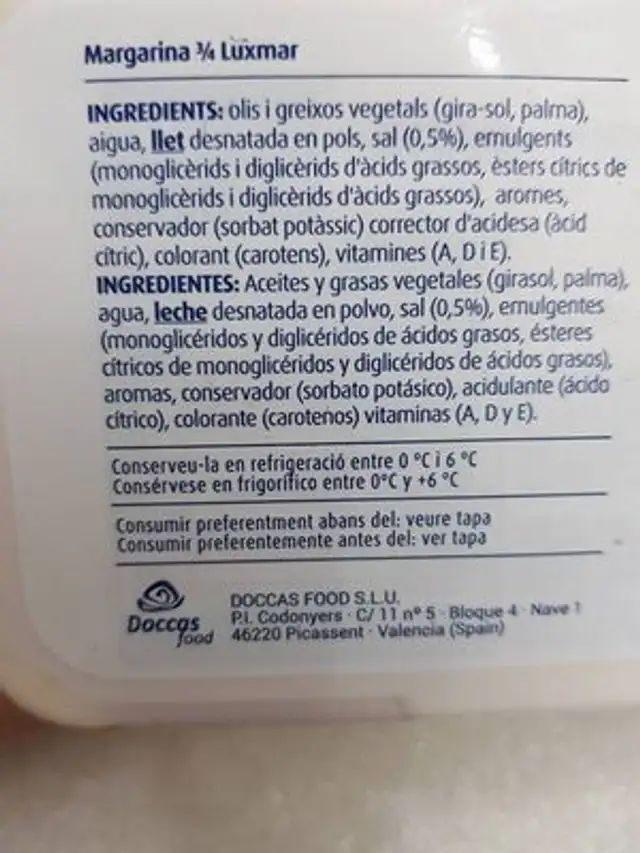 Margarina ingredients label