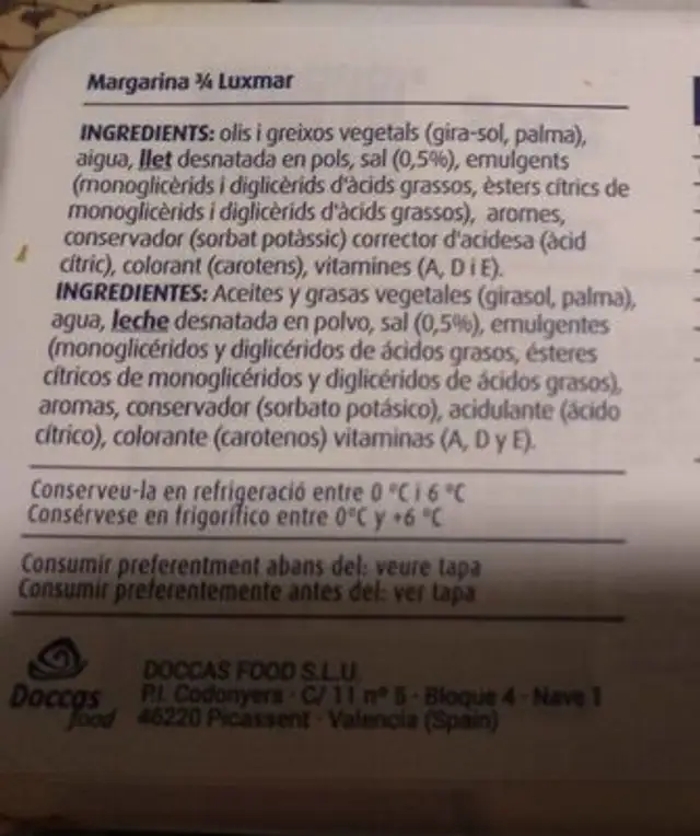 Margarina nutrition facts table