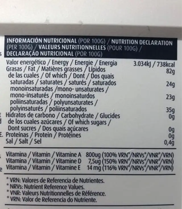 Margarina nutrition facts table