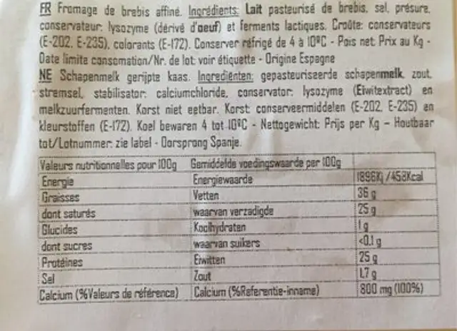 Queso de Oveja Curado nutrition facts table